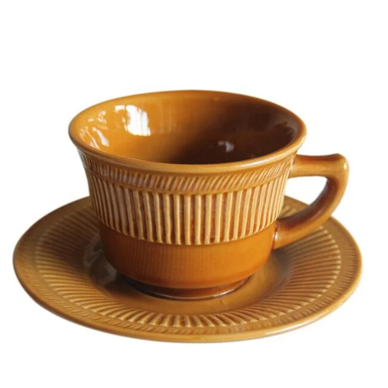 

Stoneware Retro Reliefs Elegance Thicken Coffee Sets Multifunction Upscale Delicate Personality Washable Tea Sets, Brown