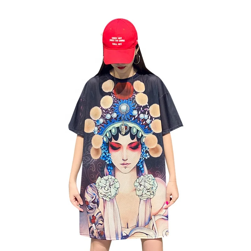 

summer plus size women clothing Chinese style printing tshirt womens mesh dress