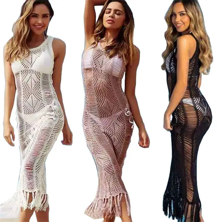 

0220M008 Sexy Bikini Crochet Knitted Tassel Beachwear Summer Swimsuit Cover Up Sexy See-through beach dress Cover up beachwear, White, black, pink