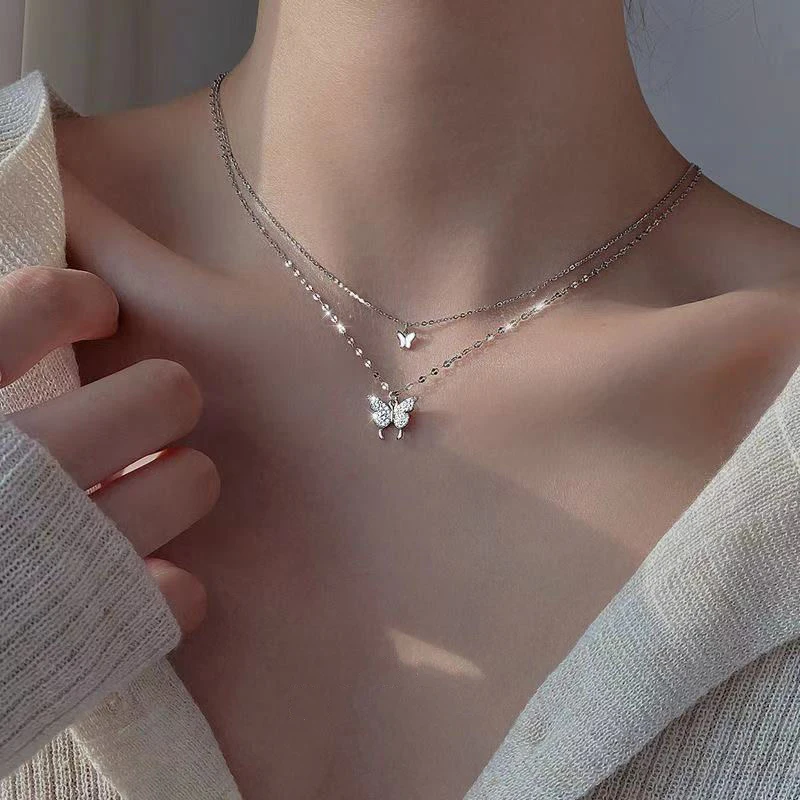 

Finetoo new Korean silver-plated shiny butterfly necklace ladies exquisite double-layer clavicle chain necklace jewelry gift