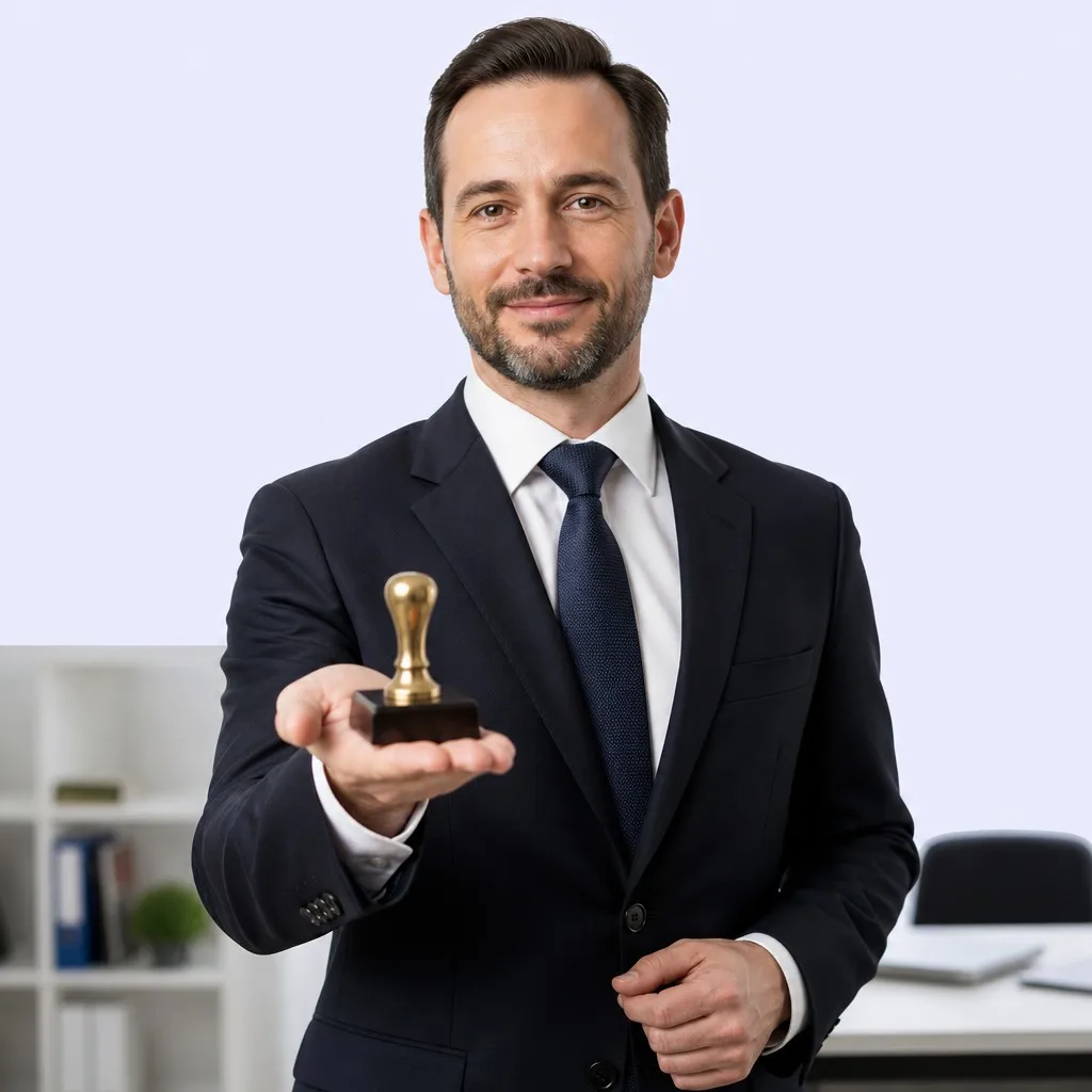 Businessman presenting a custom stamp