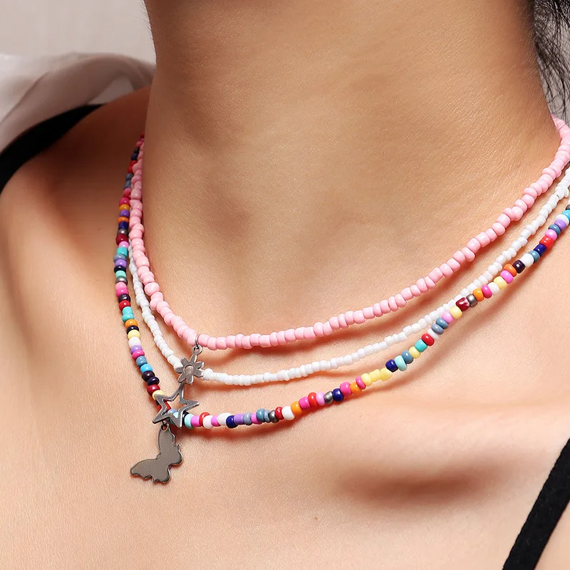 

fashion summer multi color three layered butterfly star seed bead necklace