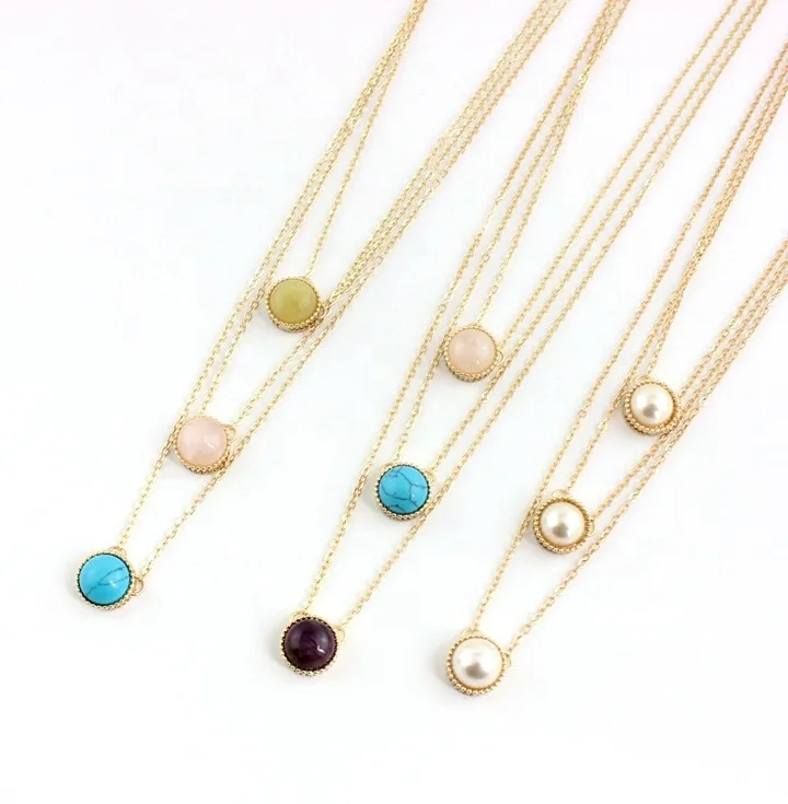 

Wholesale fashion nature stones pearl gold plated layered necklace jewwlry