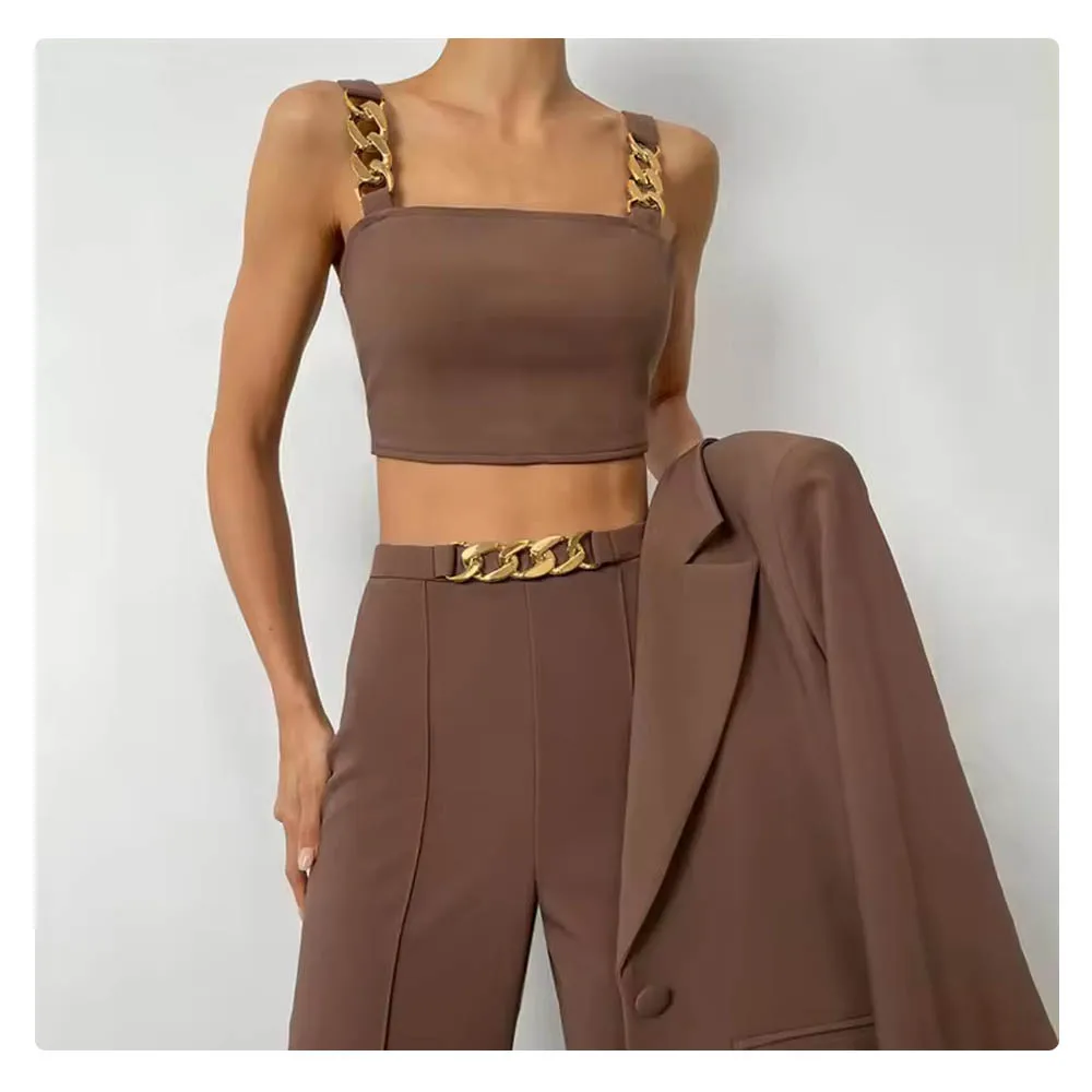 Y2K Sets Women Girls Chain Crop Top Matching Pencil Pants Fashion Women's Casual Two Piece Set  Y2K Matching Sets