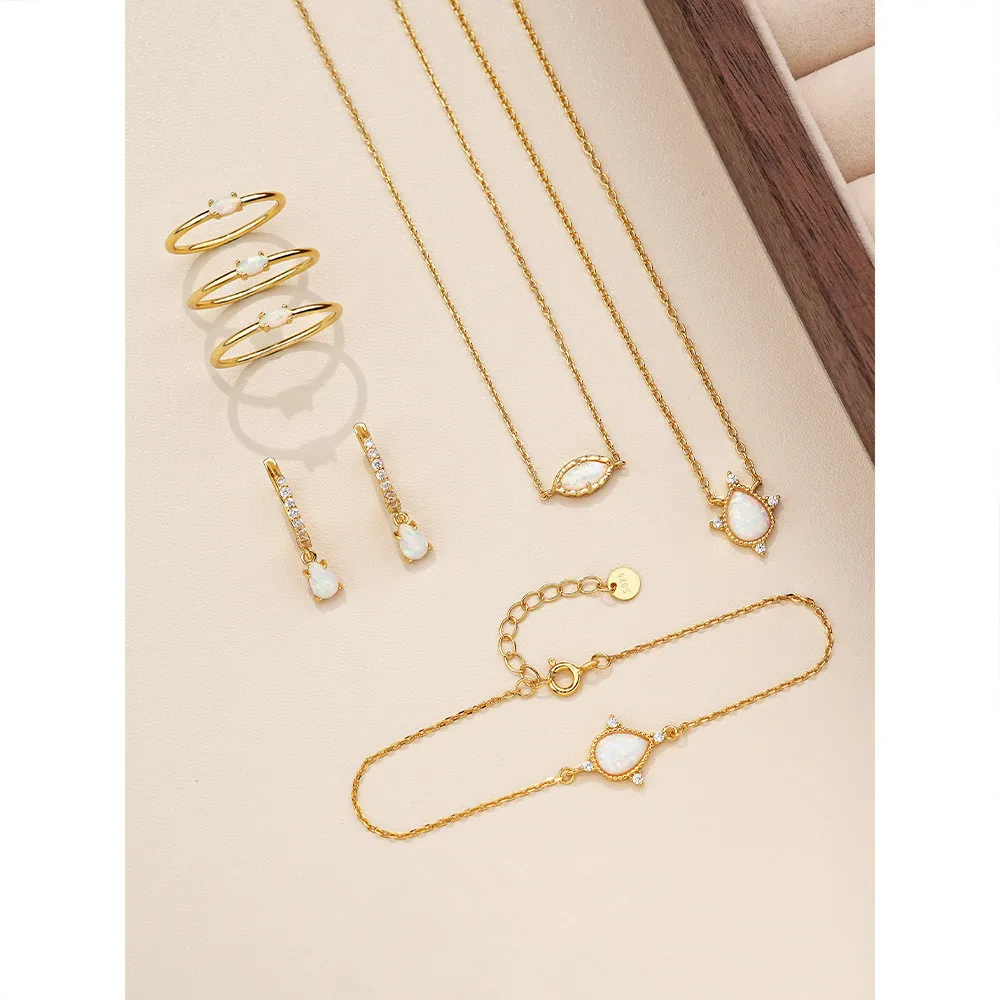 Fashion Jewelry 925 Sterling Silver Water Drop White Opal Zircon Gold Plated Hoop Earrings Necklaces Rings Bracelets Women