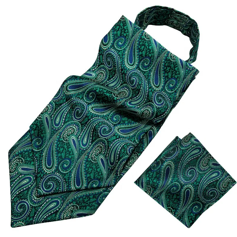 

Fashion Casual Green Blue Paisley Silk Ascot Pocket Square Cufflinks Set for Men