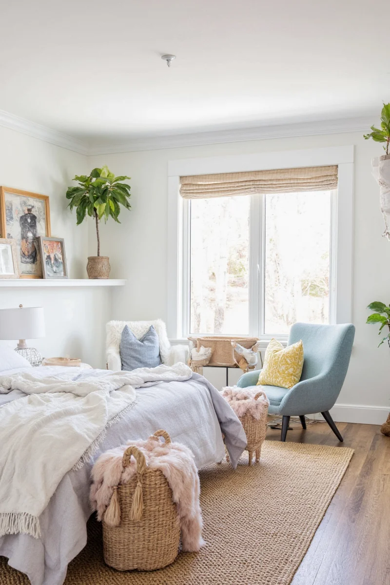 Happy family laughing together in a cozy ranch-style living room
