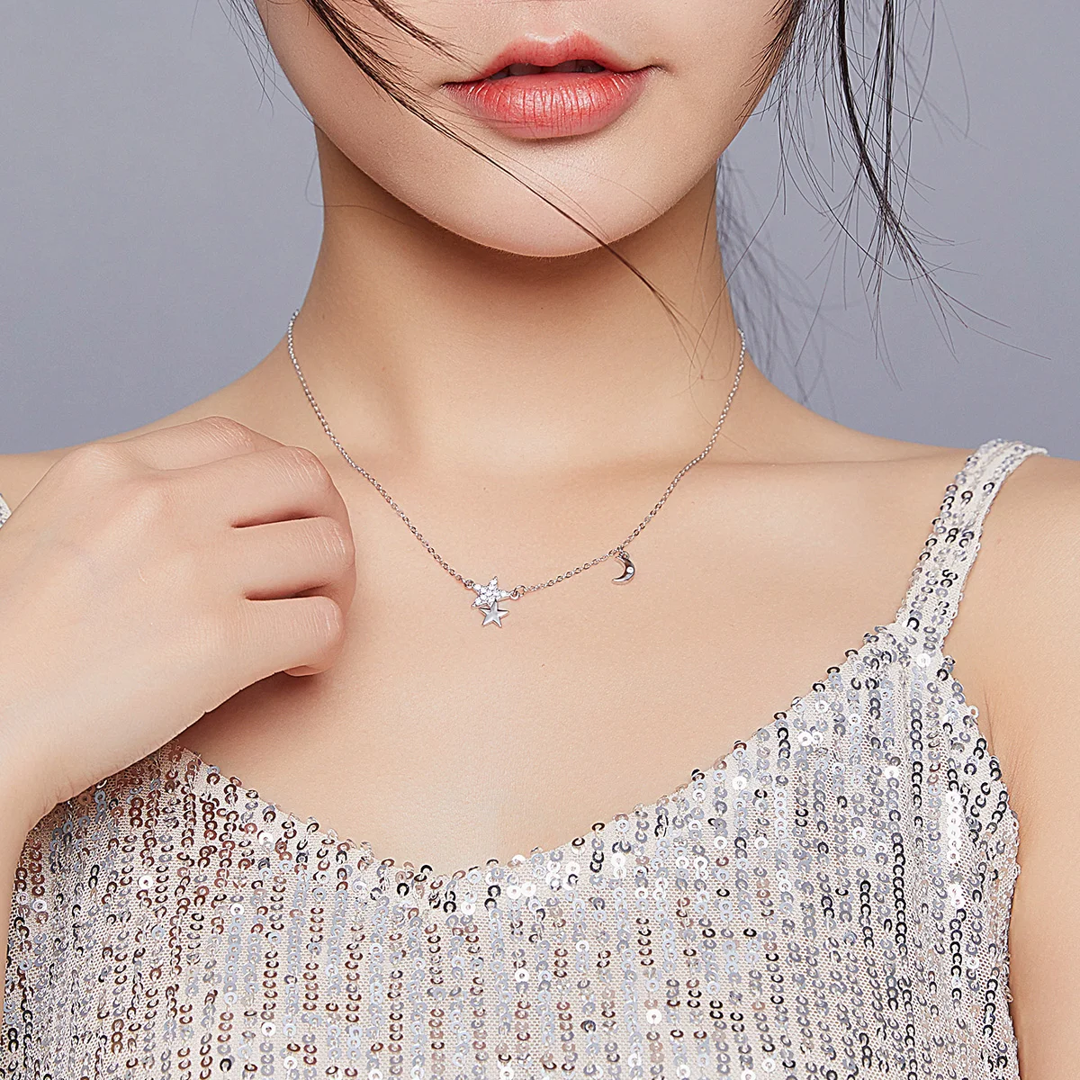 

Professional Manufacture Genuine Pendant Charm 925 Sterling Silver 45Cm Stars And Moon Link Chain Necklace Women