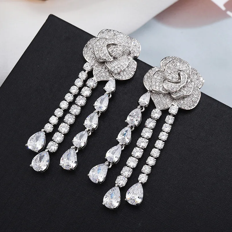 

CAOSHI S925 Silver Needle Zirconia Earring Star Same Flower Water Drop Micro-inlaid Camellia Tassel Earrings Women