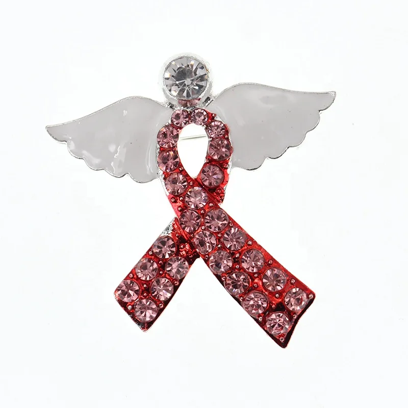 

New Pink Ribbon Rhinestone Angel Wing Brooch Pin Breast Cancer Awareness AIDS Brooches Jewelry, As picture