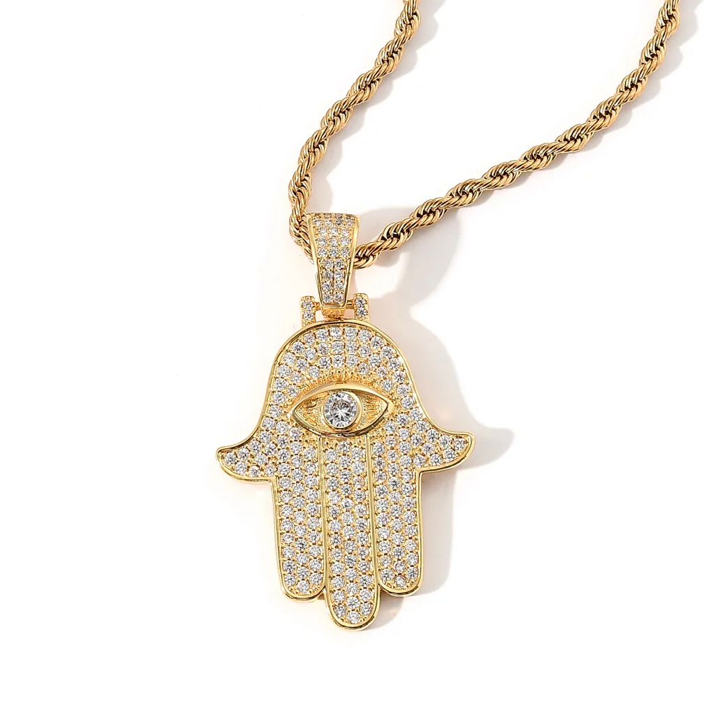 

Rapper Jewelry Micro Pave Evil Eyes Hand Pendant Necklace Iced Out Cubic Zirconia CZ Hamsa Hand Evil Eyes Necklace For Men Women