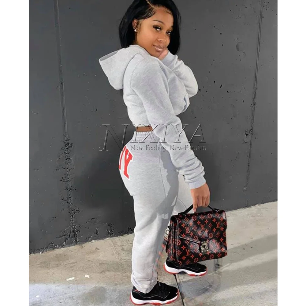 

2021 New Fashion 2 Piece Set Outfits Stacked Leggings Two Piece Set Stacked Sweatpants Women Tracksuit Jogging Jogger Suit Sets, Shown