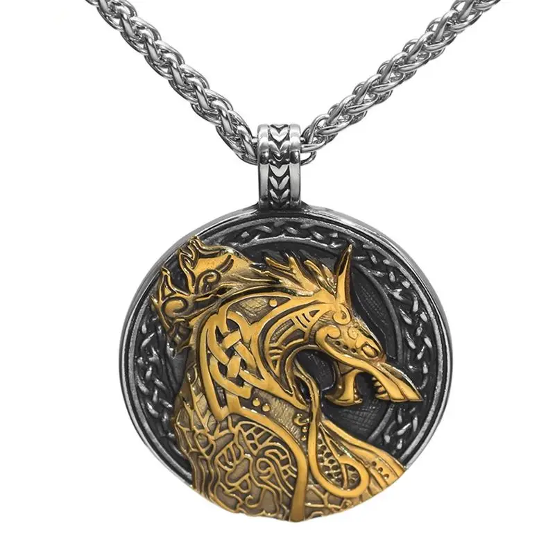 

Wholesale Stainless Steel Viking Jewelry Gold Plated Wolf Mjolnir Men Carved Pendant Necklace Nordic jewellery For Men