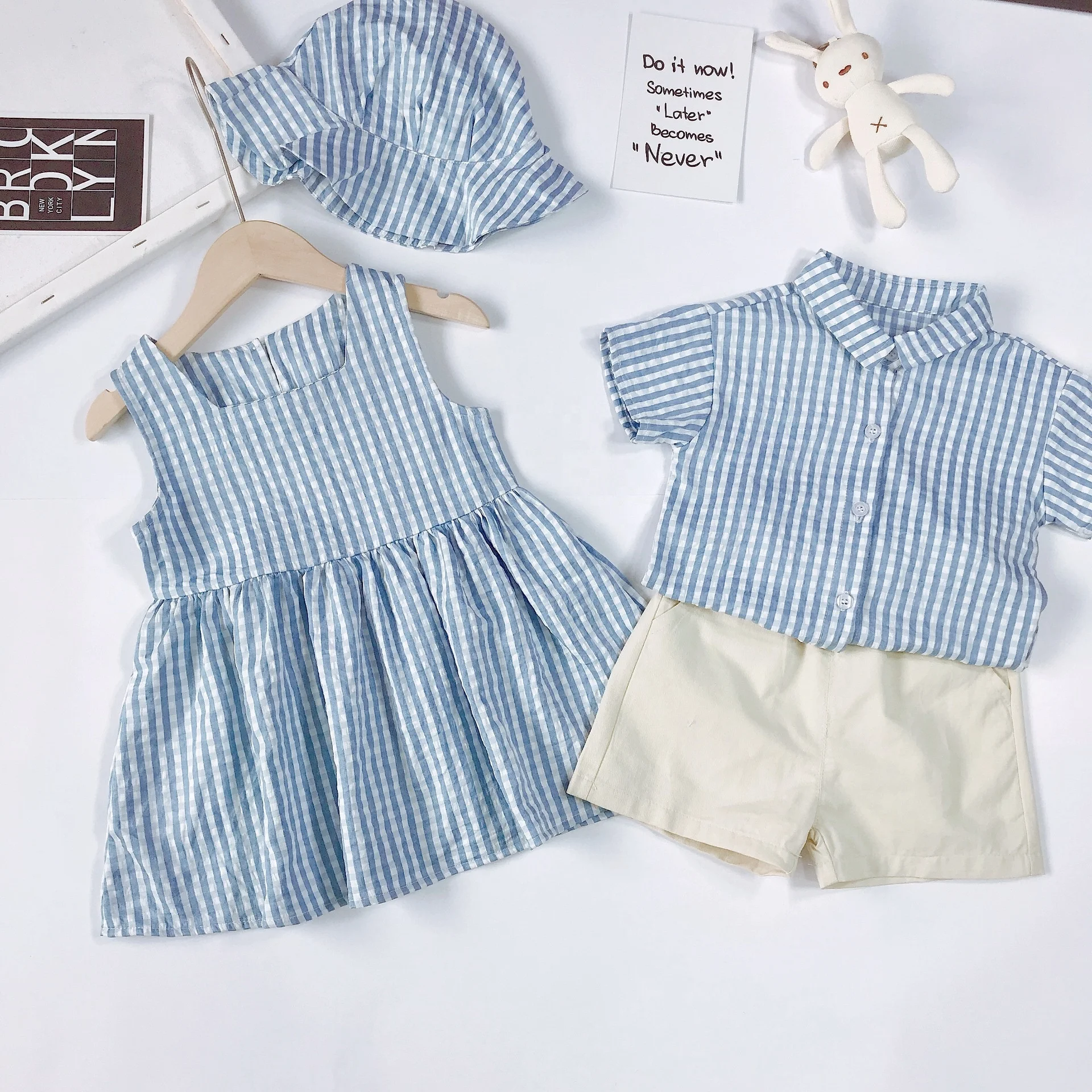 

Summer children's brother and sister fashion children's wear two-piece girl dress + hat set boy's shirt + trousers set, Blue
