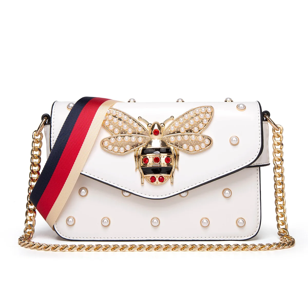 

2020 Color Straps Shoulder Bag with Cute Bee-shaped Decoration PU Leather Women Messenger Bag Luxury Ladies Handbags with Chains, White/black/pink/red