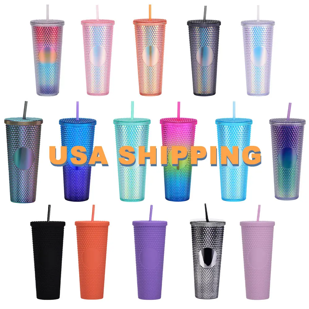 

USA warehouse fast shipping 24oz diamond plastic double wall drink ware studded tumblers