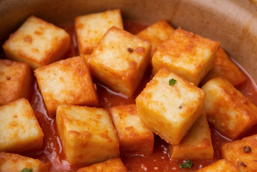 Close-up of mapo tofu dish showing soft tofu cubes in rich reddish sauce with visible Sichuan peppercorns