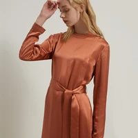 

OEM supplier 100% silk dress women long sleeve knee length orange dress