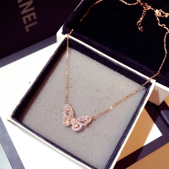 

Women Butterfly Shaped Choker Diamond Jewelry Necklaces Dainty Rose Gold Butterfly Pendant Necklace, As pictrue