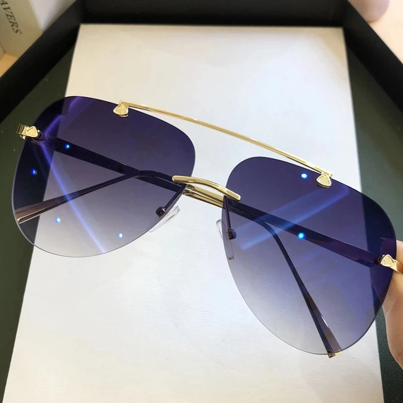 

Vintage Rimless Alloy Aviation Pilot Sunglasses For Men 2022 Brand Gradient Sun Glasses Female Metal Oval Shades Black Brown