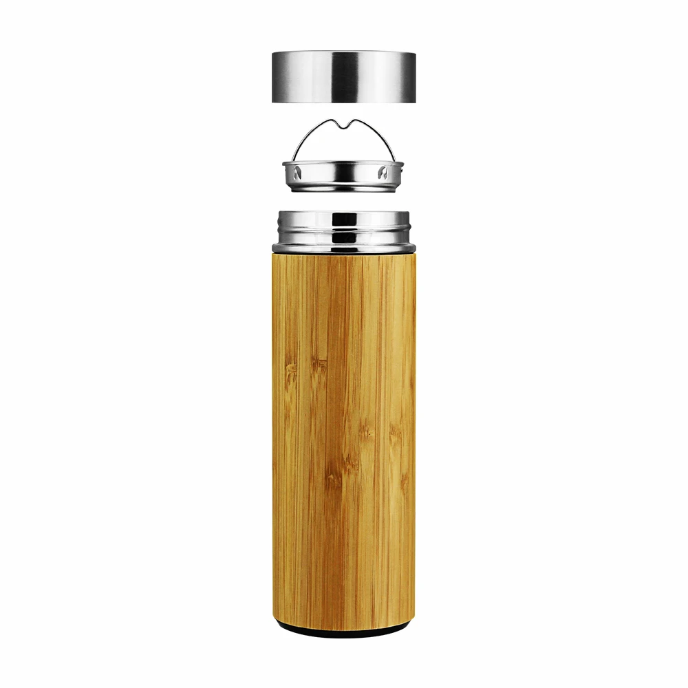 

Custom Vacuum Double Wall S/S 304 Food Grade Flasks Drinking Tea Infuser Water Bottles With eco friendly Bamboo shell