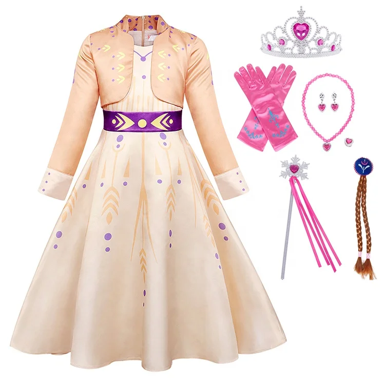 

Girls Princess Anna Costume Kids Long Sleeve Floral Birthday Party Halloween Carnival Cosplay Fancy Dress