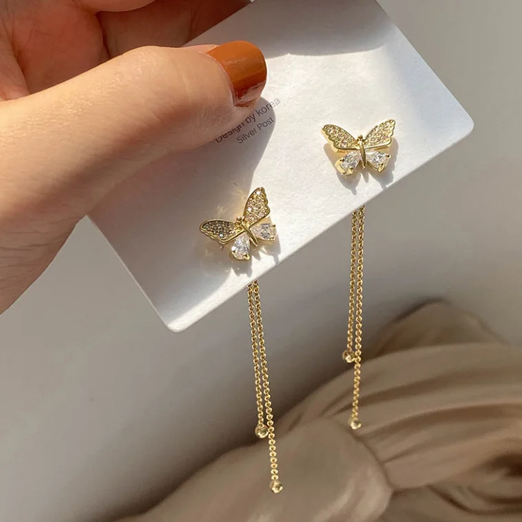 

S925 Sterling silver long tassel korean earrings high end butterfly for girl drop cute earrings gift, Picture shows