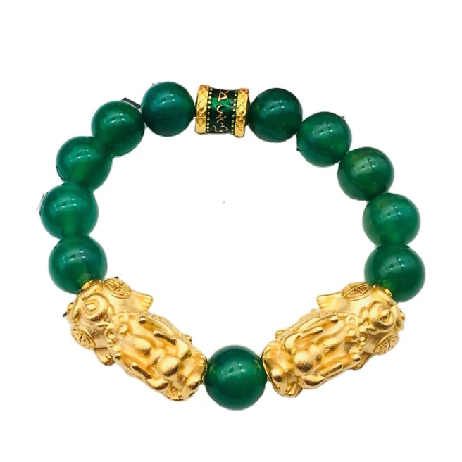 

Vietnam Placer Gold Jewelry Brass Gold-Plated Accessories Green Agate Double Pixiu Bracelet Men's Wholesale