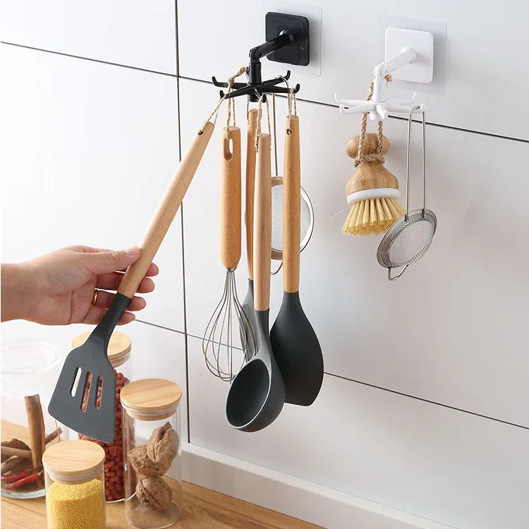 

Hanging or wall mounted adhesive plastic kitchen swivel hook, White/black