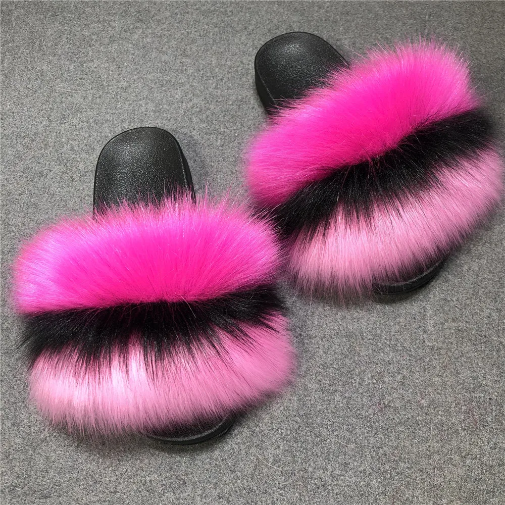 

Wholesale Fake Fur Shoes Women's Slippers Summer Fluffy Slipper Flat Sandals Furry Faux Fur Slides, Multi color