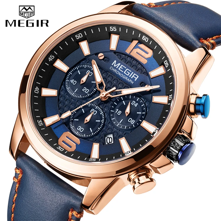 

MEGIR 2156 Luxury Men's Watch Top Brand Sport Quartz Watches Chronograph Waterproof Man Leather Date Wristwatch