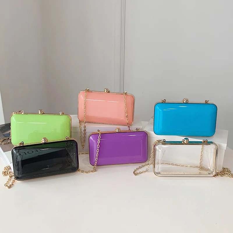 

2021 New acrylic hard shell jelly color chain single backmessenger women PVC bags, 5 colors