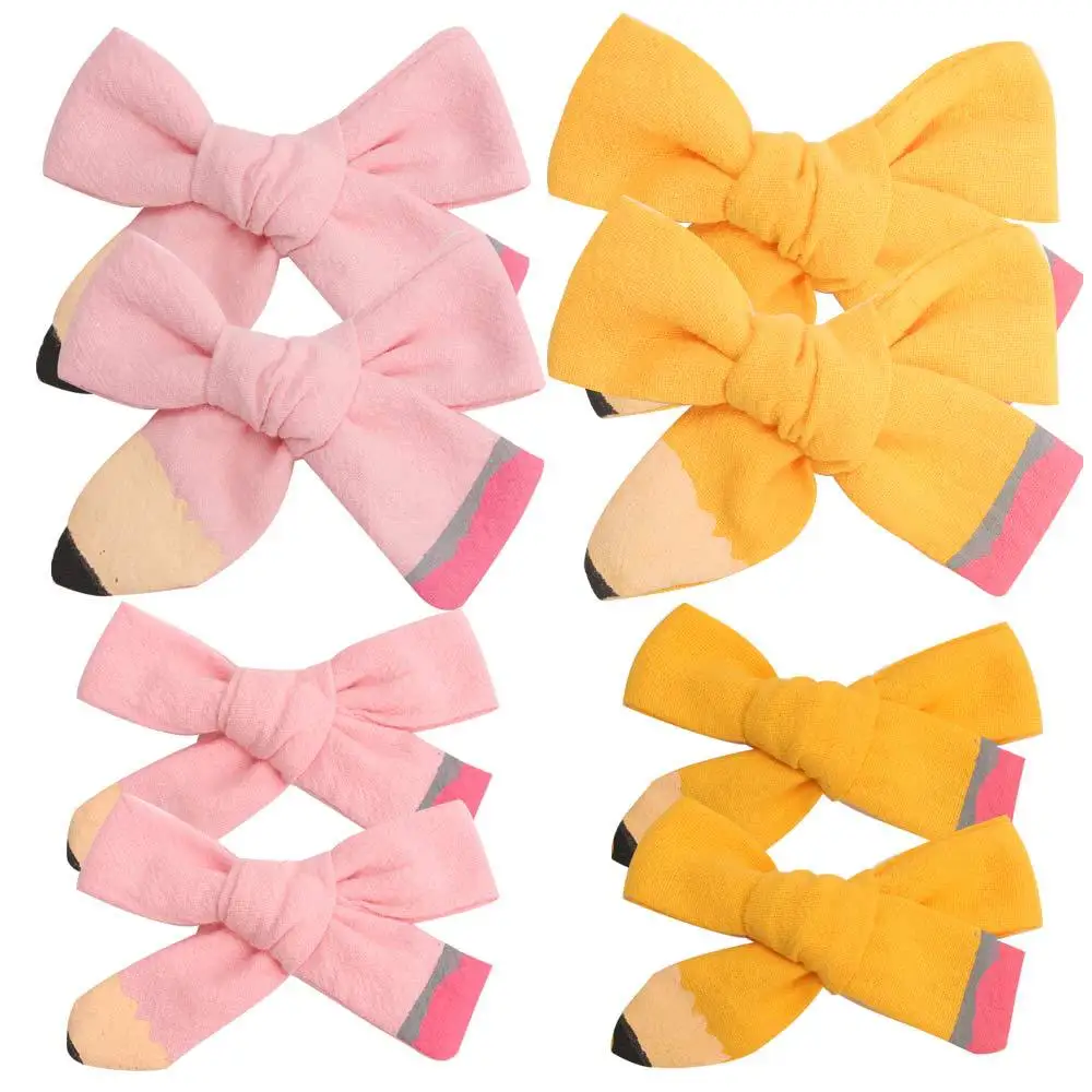 

4 Inch Pencil Design Back to School Hairpins Yellow and pink Hair Bows with Clips for Girls Kids Boutique Accessories Hair Clips