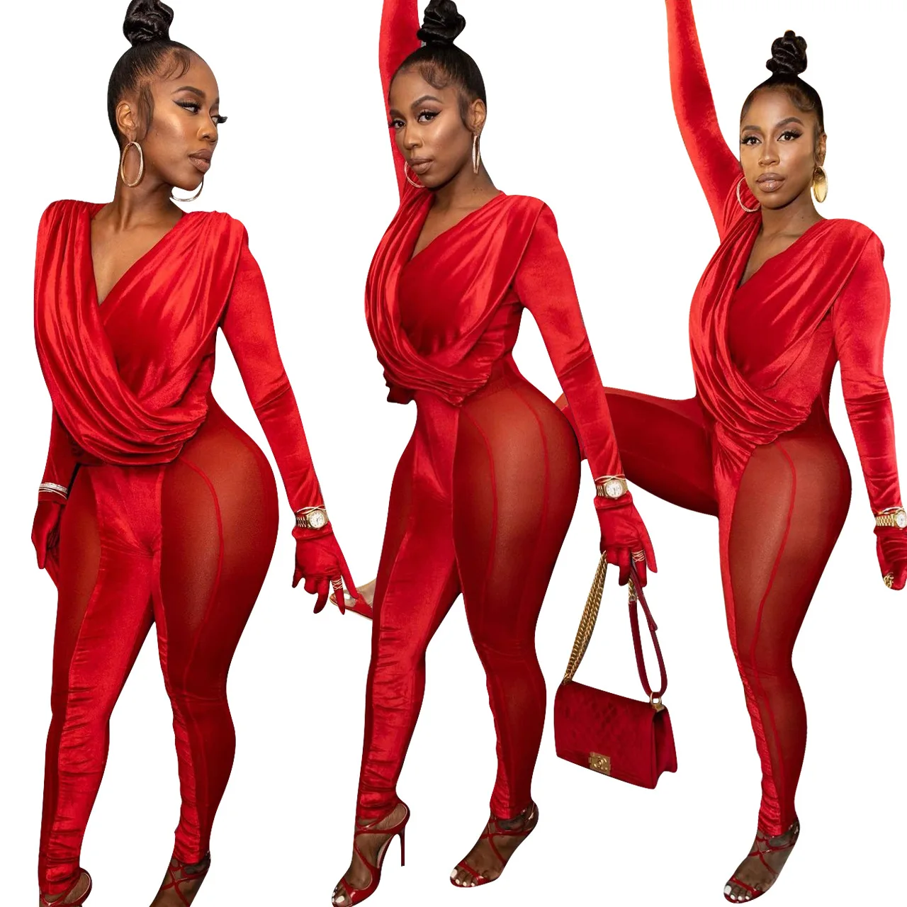 

2022 New Women Spring Long Sleeve Spliced Velvet Mesh Romper Elegant Hot Sale Red Bodysuit Skinny See Through Pant Jumpsuit, 2 colors