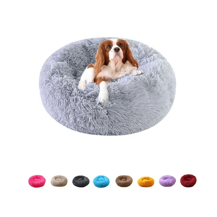 

Kimpets Warming Donut Dog Bed Washable Calming Anti Anxiety Dog Bed Long Plush Cat Dog Kennel, Gray;dark gray;brown;green;pink