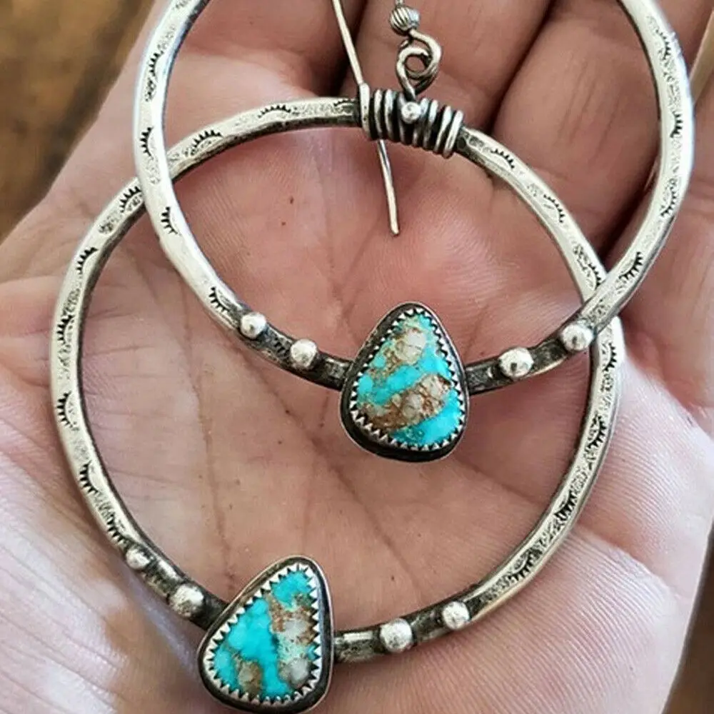 

1 Pair Vintage Boho 925 Silver Turquoise Gemstone Round Hoop Drop Earrings