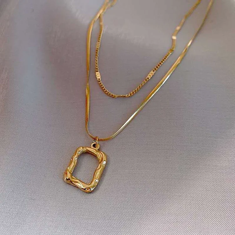 

Winter Jewelry Double Layers 14k Gold plated Snake Chain Necklace Geometric Rectangular Pendant Sweater Necklace