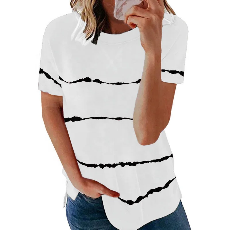 

2021 New Printing Top Summer Top Ladies' Blouses Round Neck Stripe Pattern Shirts for Women Tops