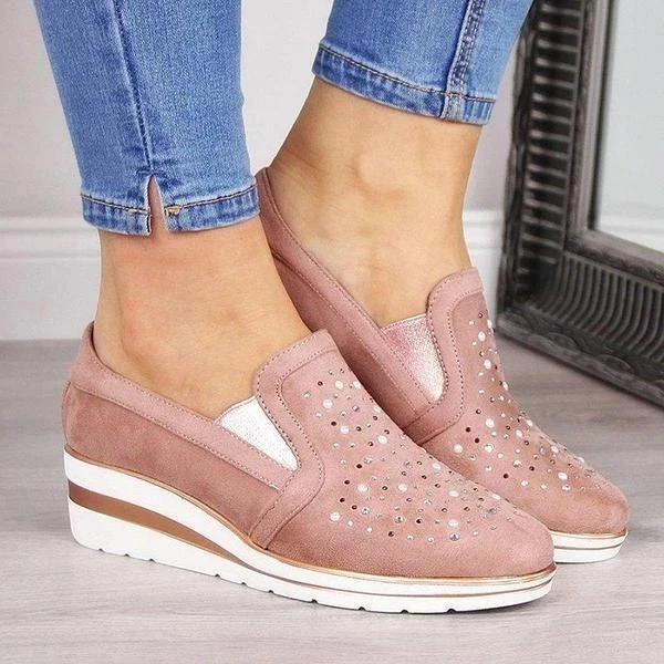 

2021 Hot sale spring women shoes wedge heel casual simple shoes with crystal diamond sneakers, As picture