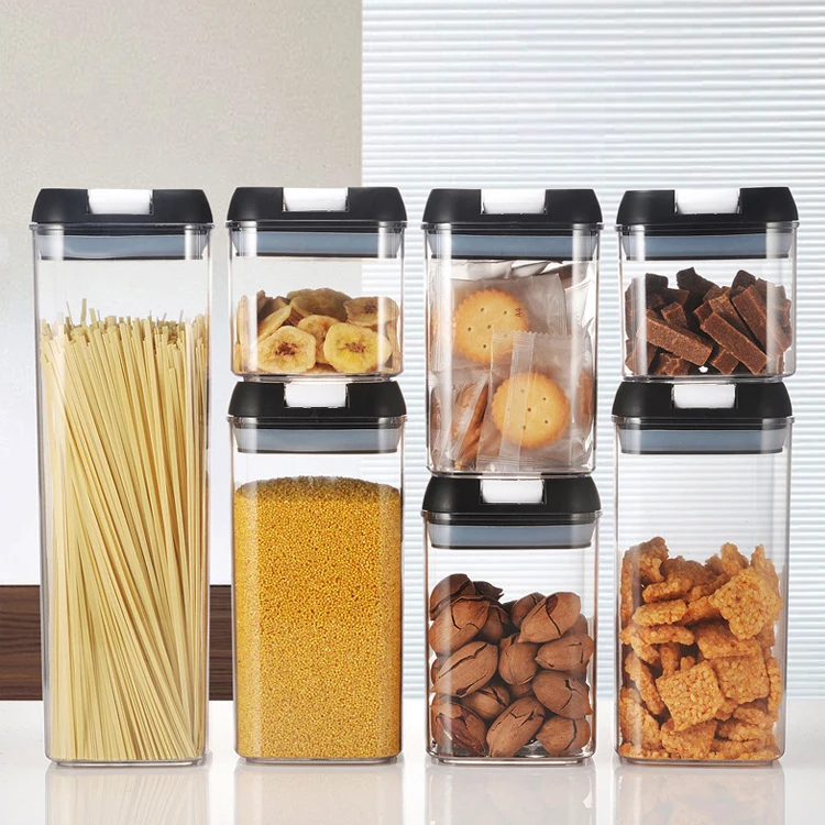 

Decorative 7 in 1 kitchen square airtight sealed plastic food spice storage bottles & jars with lid, Black & white & gray