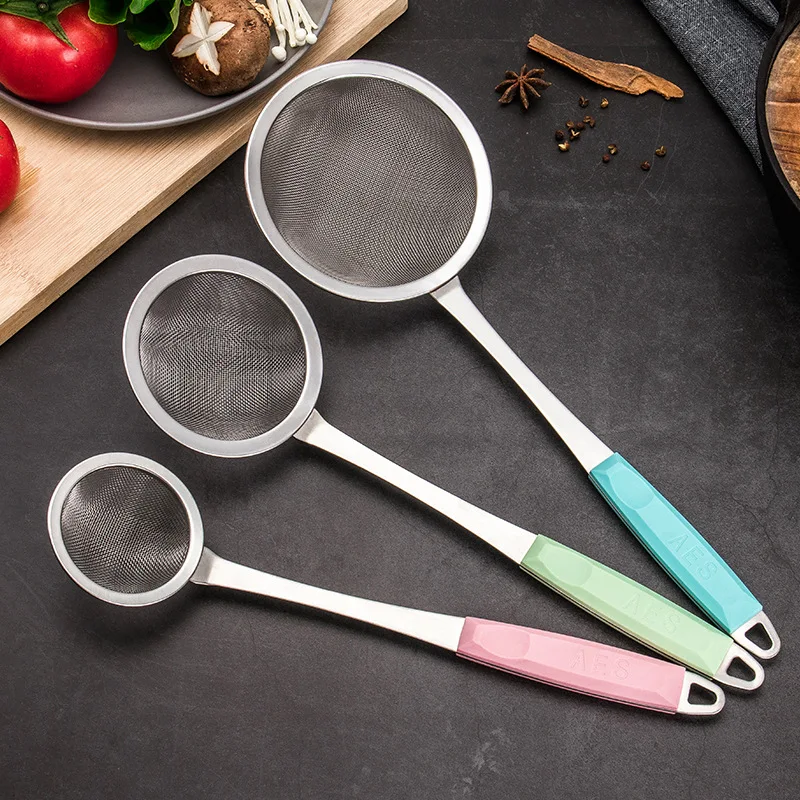 

2021 Kitchen Net Leak Stainless Steel Filter Plastic Handle Mesh Separator High Quality Fine Screen Large Capacity Fine, Biue/pink/green