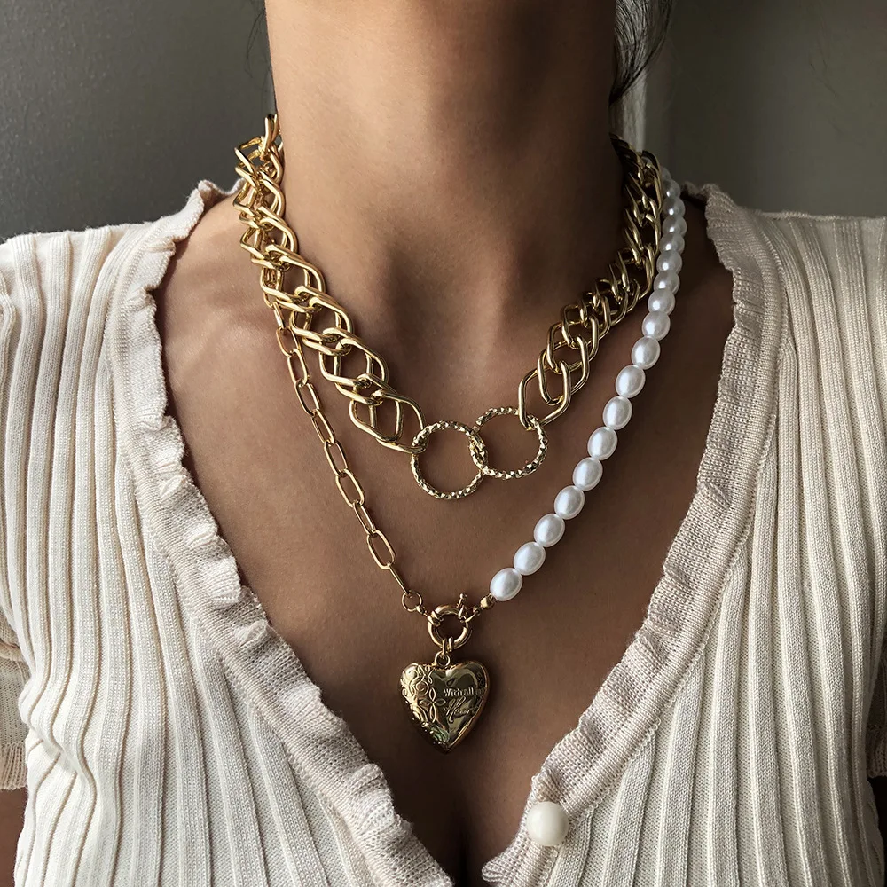 

Gold Plated Heart Pendant Necklace Choker Gold Big Pearl Charm Necklaces jewelry for Women