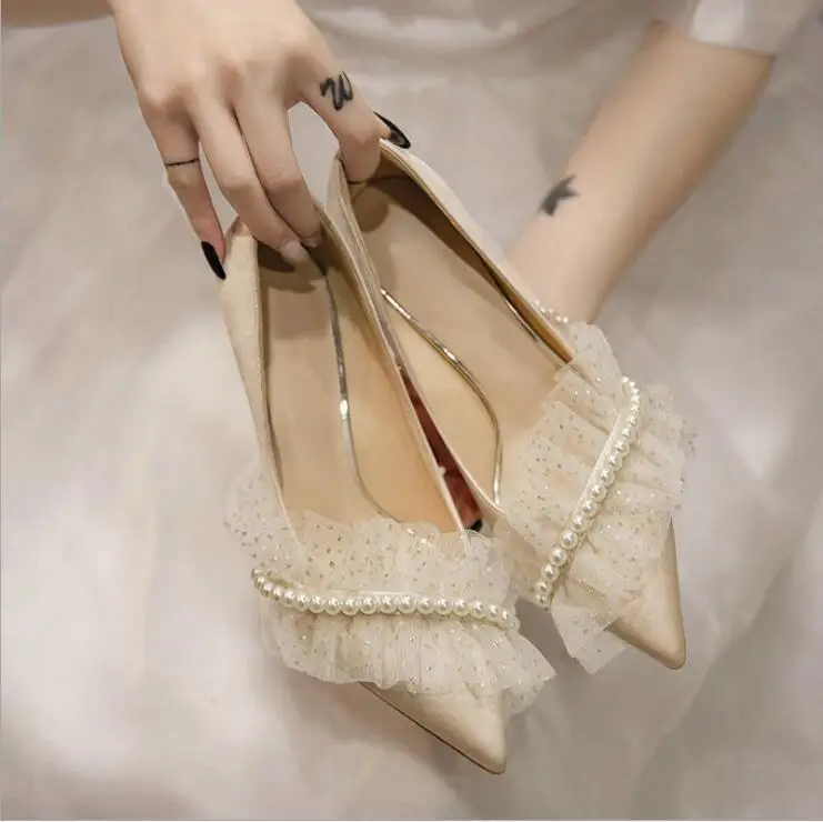 

YK1056A women banquet temperament wedding shoes ladies pearl single shoes high-heeled lace dress shoes