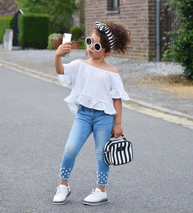 

Amazon Hot Sale Girls Cotton Solid Color Collar Lace Flying Sleeve Stretch Hole Denim Trousers Casual Kids Summer Clothes
