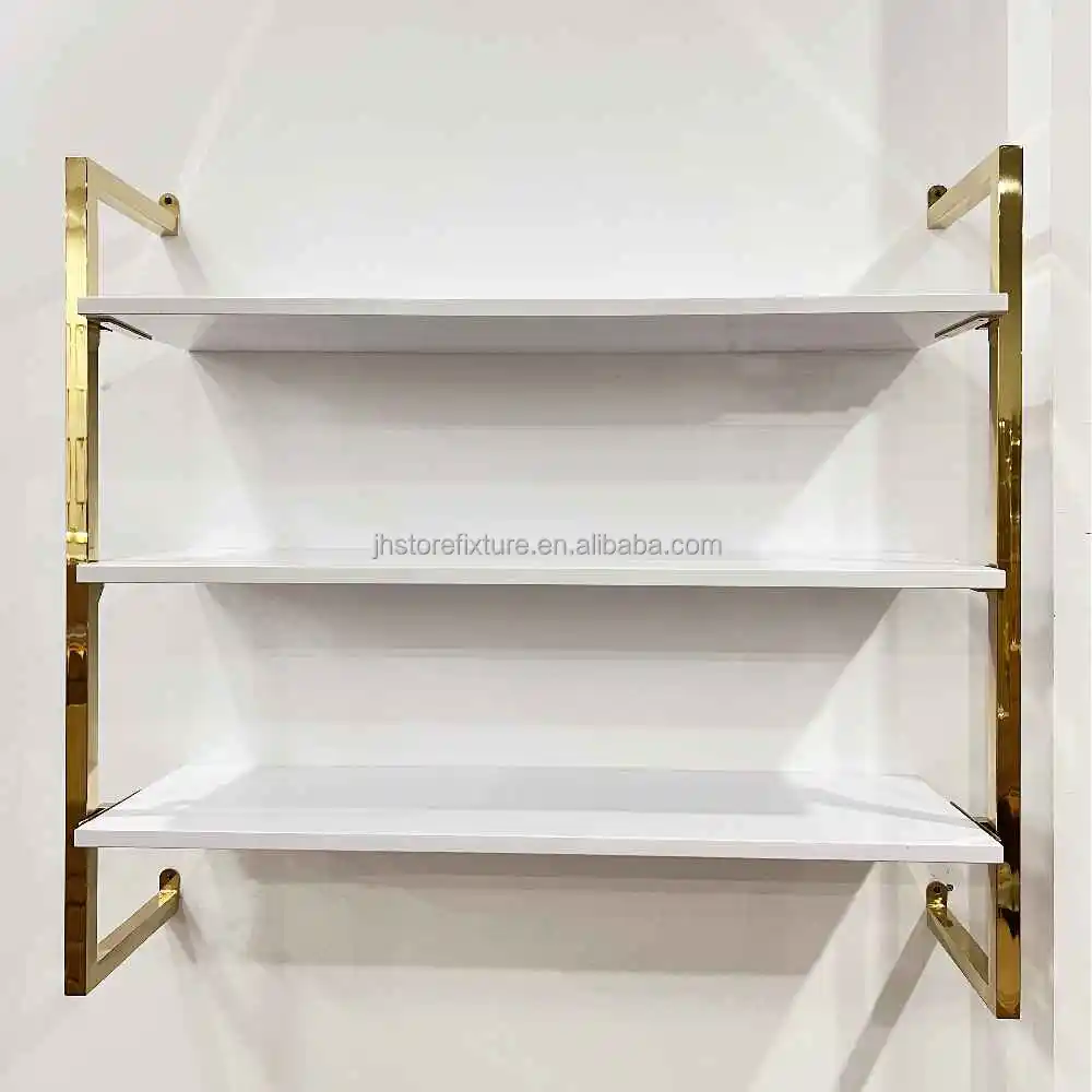 

Customized Shoe Display mall window wallet wall mounted Gold Stainless Steel MDF Shoe bag display racks For Three Layers