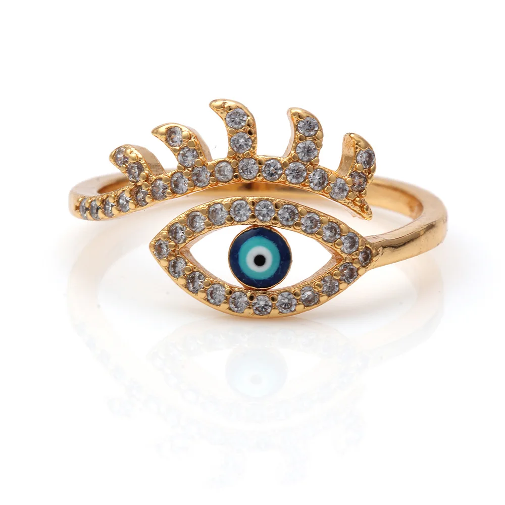 

Hotsale Lucky Jewelry Gold Plating Crystal Evil Eyes Rings Adjustable Cubic Zircon Blue Eyes Ring For Women