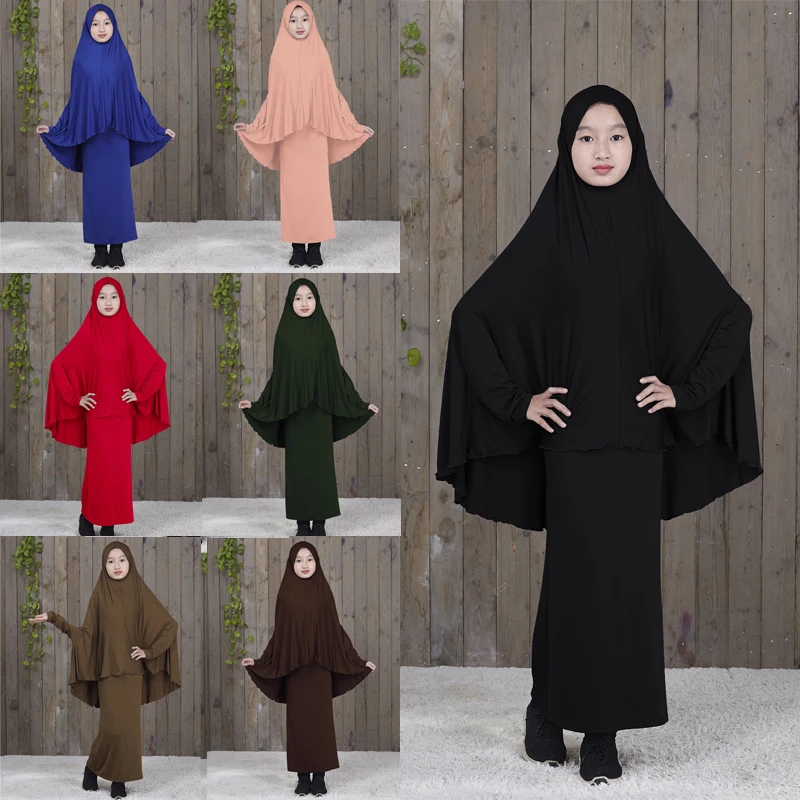 

Children Abaya Kaftan Islamic Muslim Dress Clothing Arab Girls Two Piece Muslim Prayer Clothes kids kaftan YMY117, 10colors