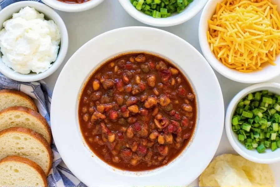 Variations of easy crock pot chili showing different toppings including sour cream, shredded cheese, and green onions in small bowls around the main dish