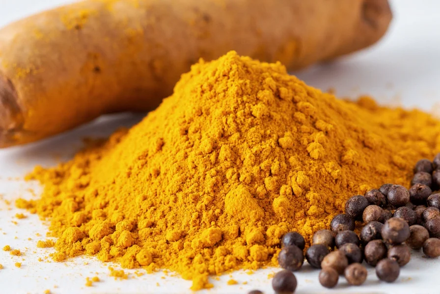Close-up of turmeric powder with fresh turmeric root and black pepper
