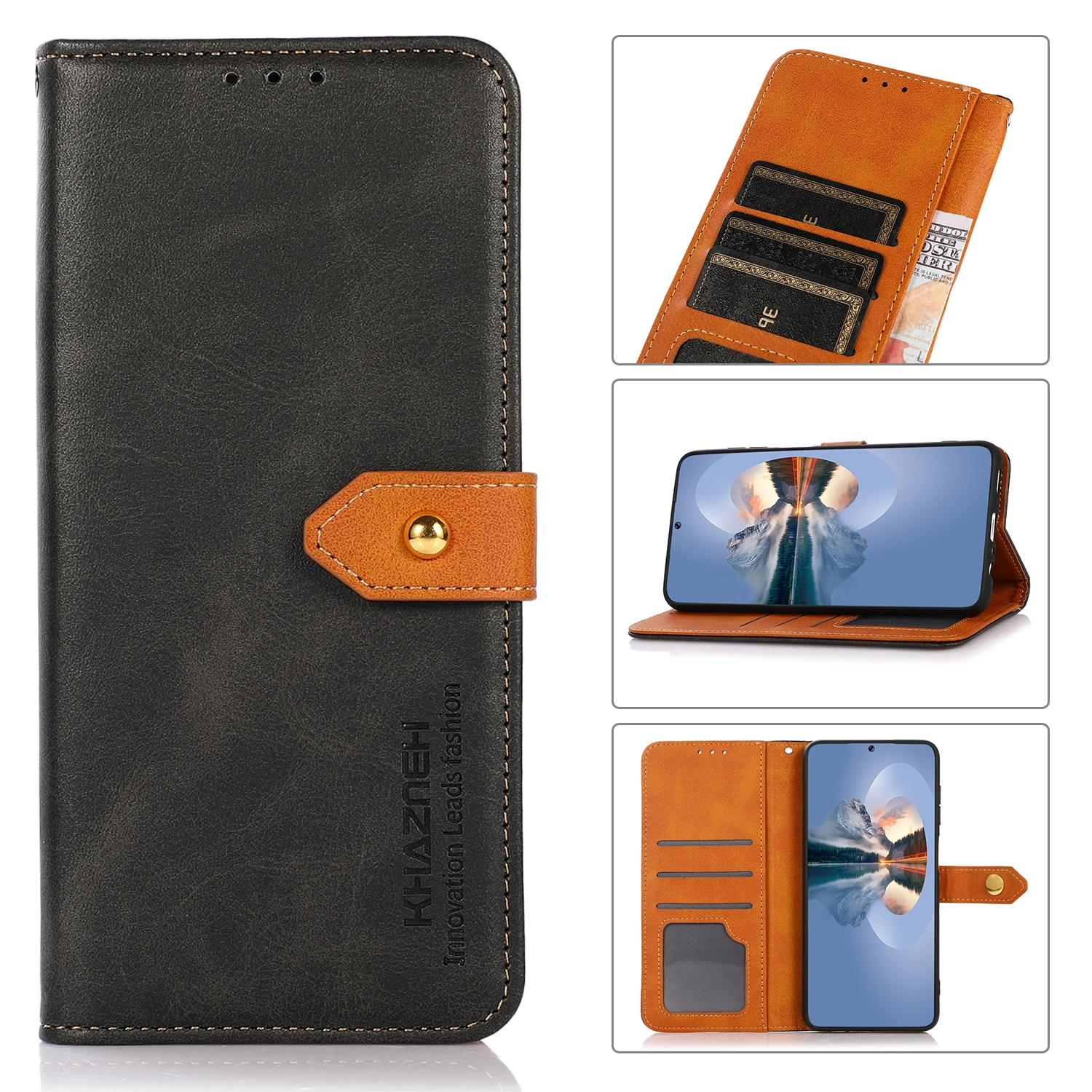 

Gold button two color cattle pattern PU Leather Flip Wallet Case For Motorola MOTO EDGE S / G100 With Stand Card Slots, As pictures